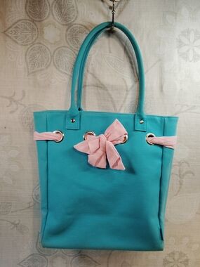 Ralph Lauren Teal Shoulder Tote with Pink Bow Accent